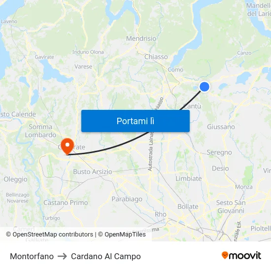 Montorfano to Cardano Al Campo map
