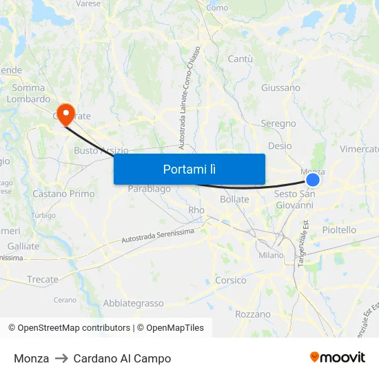 Monza to Cardano Al Campo map