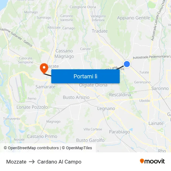 Mozzate to Cardano Al Campo map