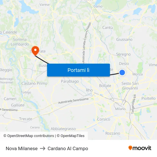Nova Milanese to Cardano Al Campo map