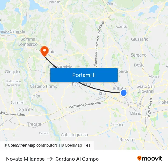 Novate Milanese to Cardano Al Campo map