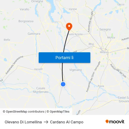 Olevano Di Lomellina to Cardano Al Campo map