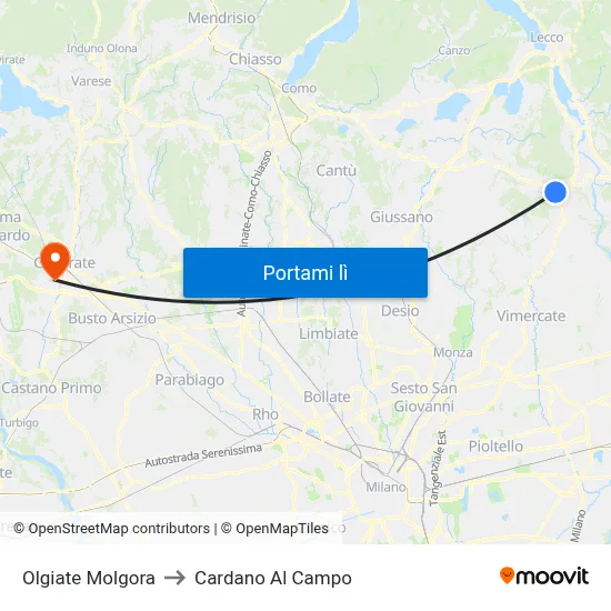 Olgiate Molgora to Cardano Al Campo map