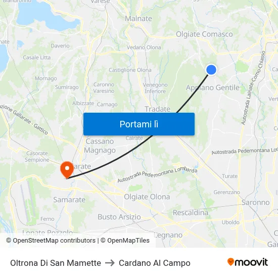 Oltrona Di San Mamette to Cardano Al Campo map