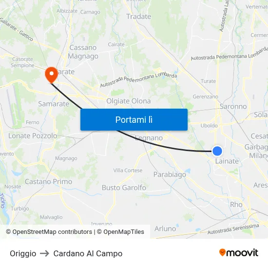 Origgio to Cardano Al Campo map