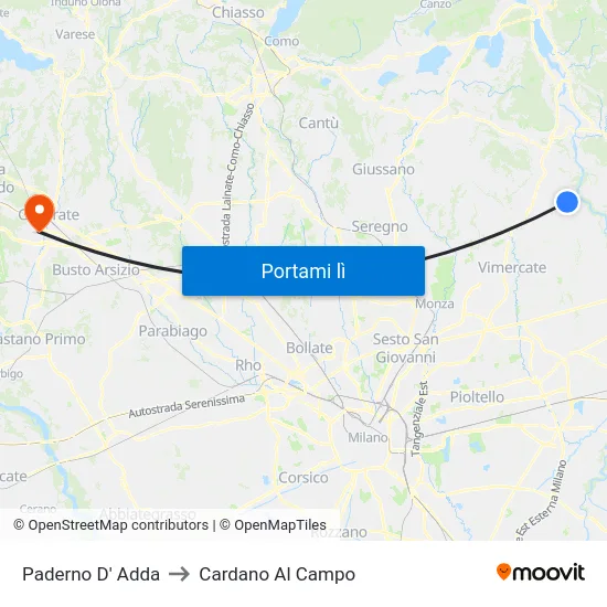 Paderno D' Adda to Cardano Al Campo map