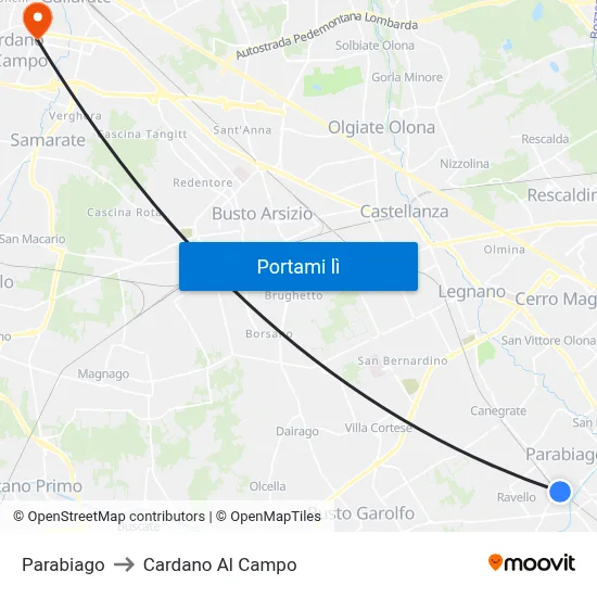 Parabiago to Cardano Al Campo map