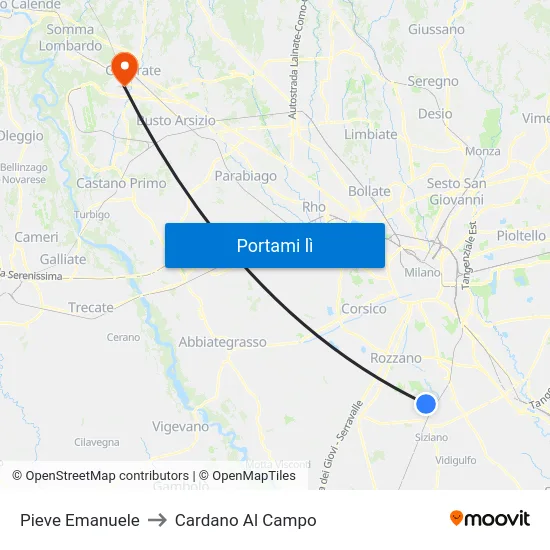 Pieve Emanuele to Cardano Al Campo map