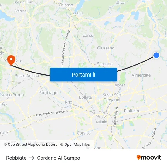 Robbiate to Cardano Al Campo map