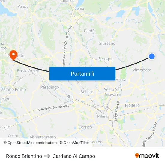 Ronco Briantino to Cardano Al Campo map