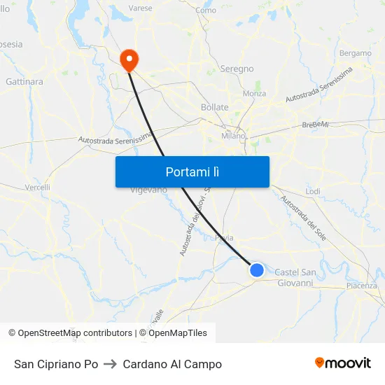 San Cipriano Po to Cardano Al Campo map