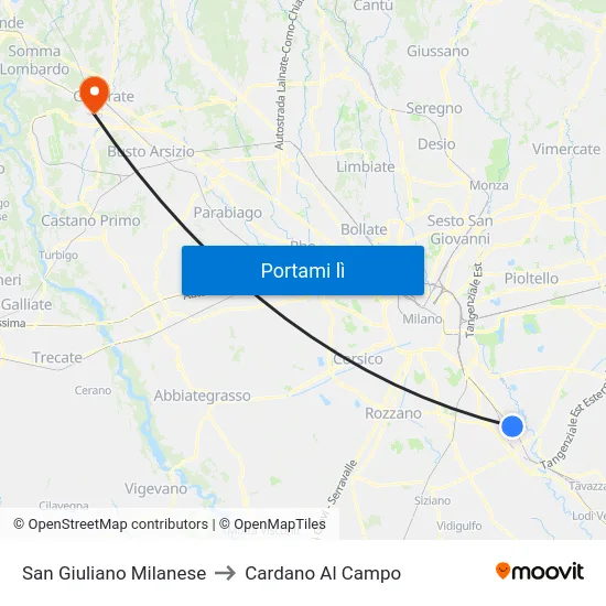 San Giuliano Milanese to Cardano Al Campo map