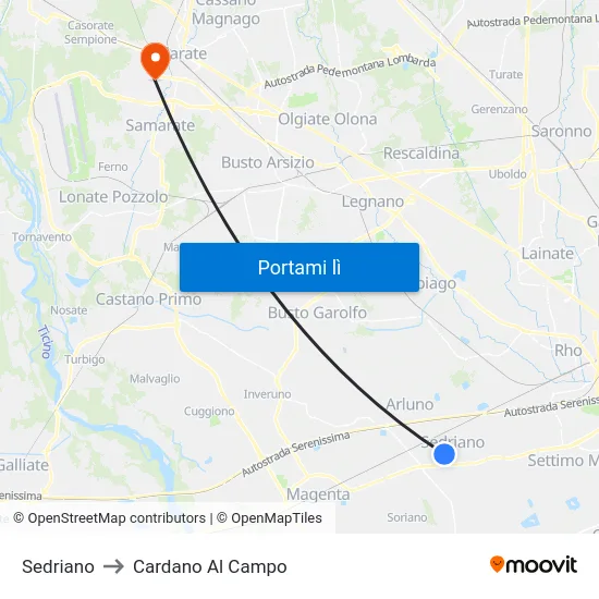 Sedriano to Cardano Al Campo map