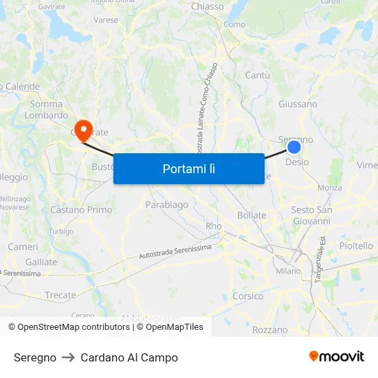 Seregno to Cardano Al Campo map