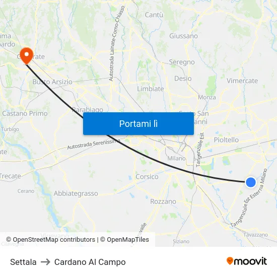 Settala to Cardano Al Campo map