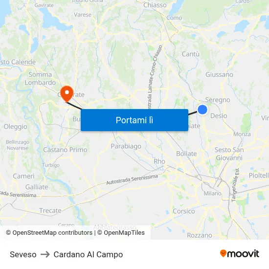 Seveso to Cardano Al Campo map