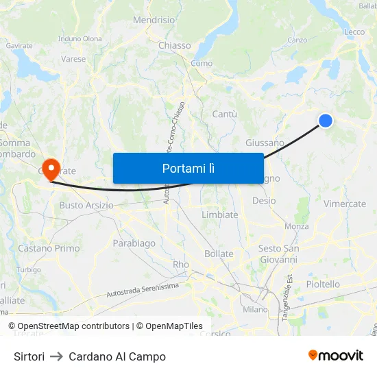Sirtori to Cardano Al Campo map