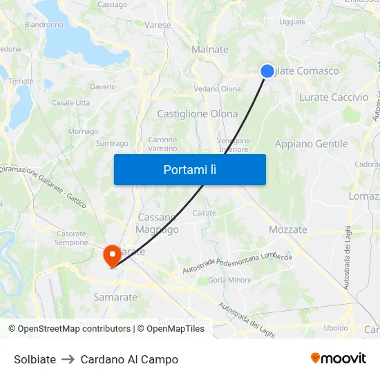 Solbiate to Cardano Al Campo map