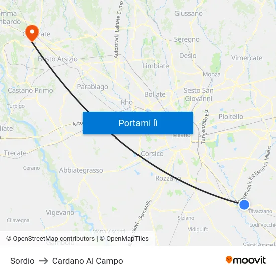 Sordio to Cardano Al Campo map