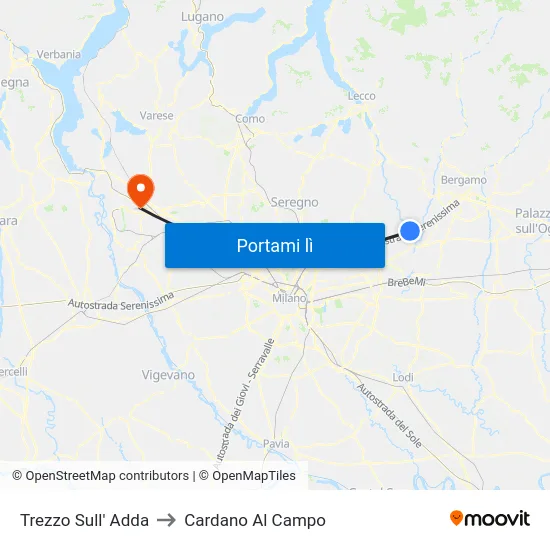 Trezzo Sull' Adda to Cardano Al Campo map