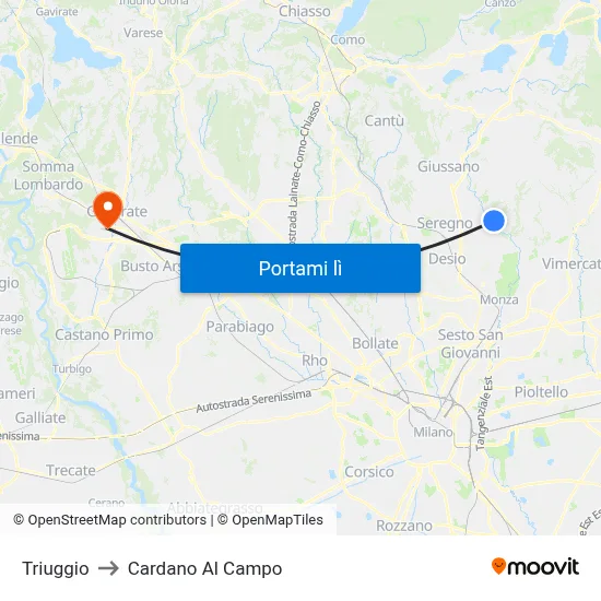 Triuggio to Cardano Al Campo map