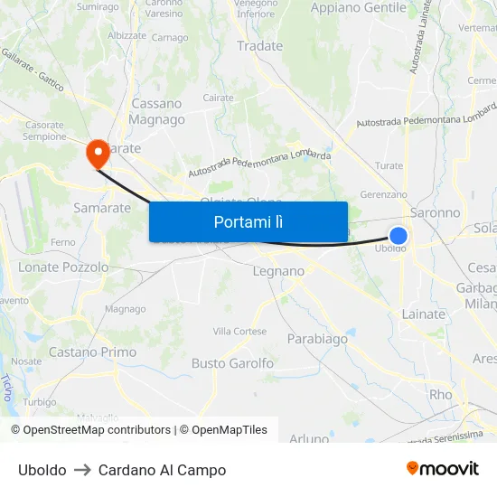 Uboldo to Cardano Al Campo map