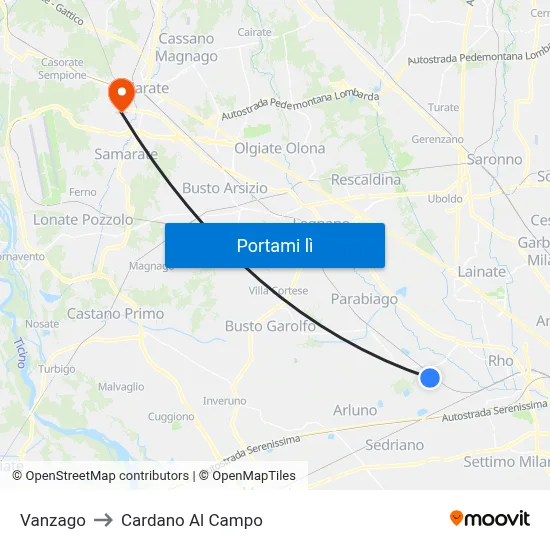 Vanzago to Cardano Al Campo map