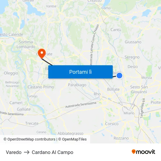 Varedo to Cardano Al Campo map