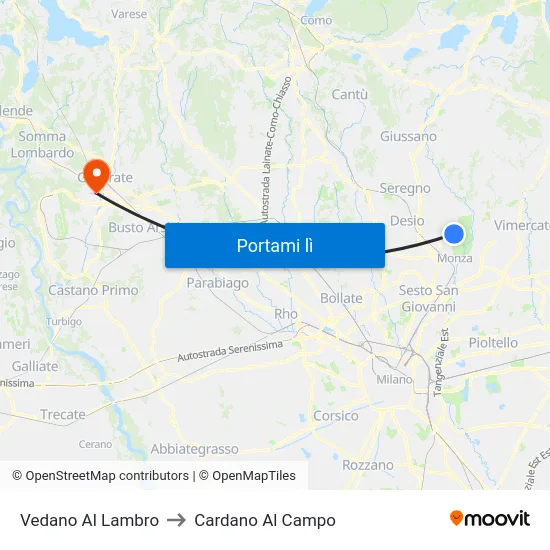Vedano Al Lambro to Cardano Al Campo map
