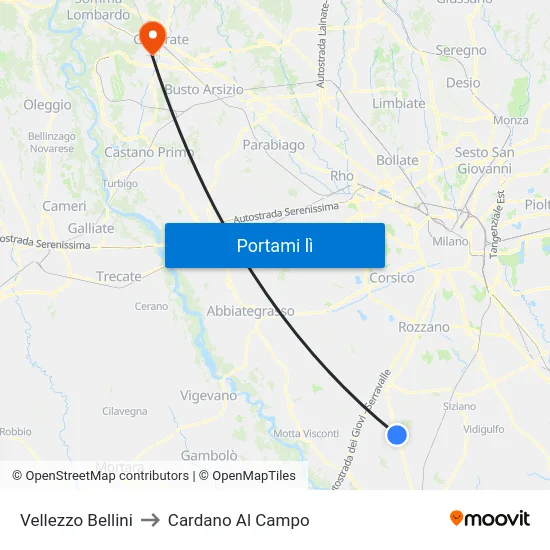 Vellezzo Bellini to Cardano Al Campo map