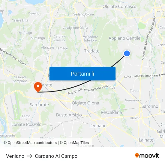 Veniano to Cardano Al Campo map