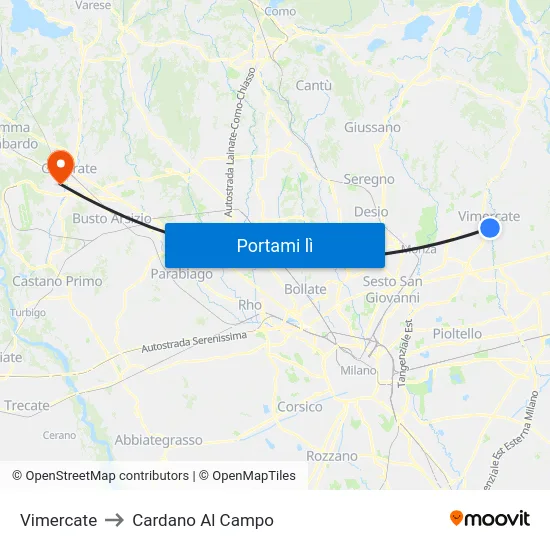 Vimercate to Cardano Al Campo map