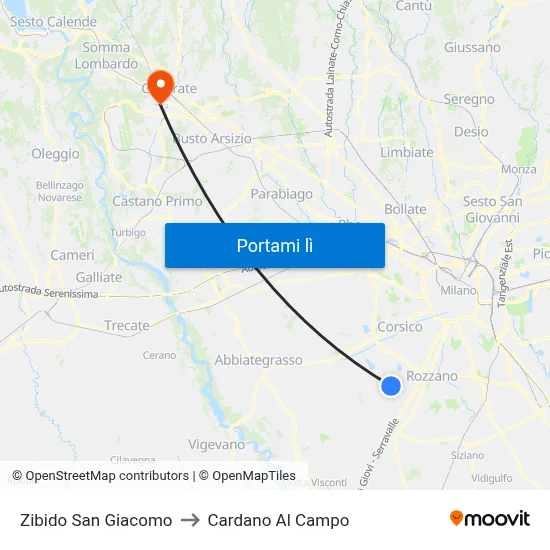 Zibido San Giacomo to Cardano Al Campo map