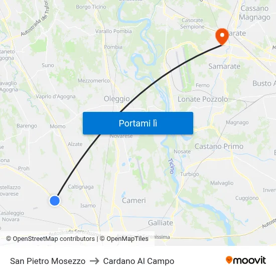 San Pietro Mosezzo to Cardano Al Campo map