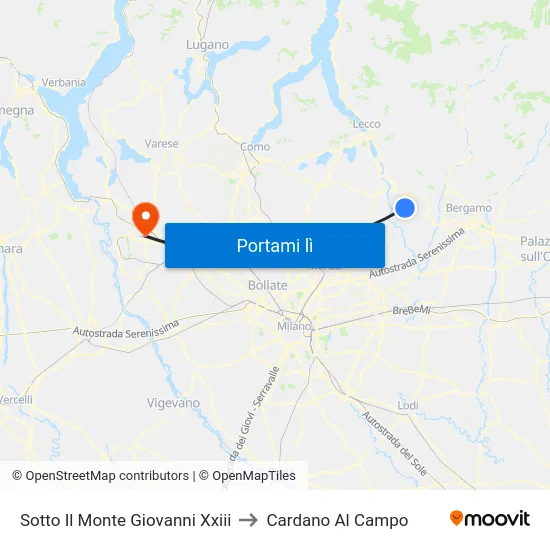 Sotto Il Monte Giovanni Xxiii to Cardano Al Campo map