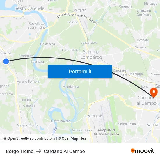 Borgo Ticino to Cardano Al Campo map