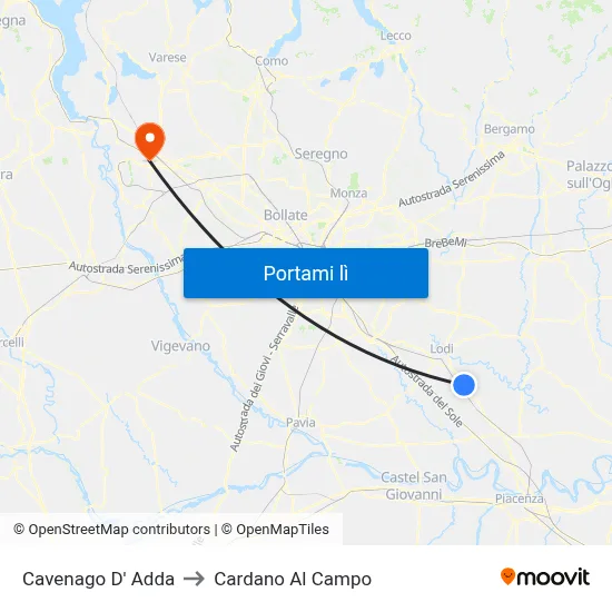 Cavenago D' Adda to Cardano Al Campo map