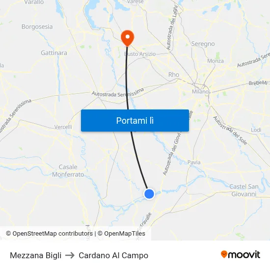 Mezzana Bigli to Cardano Al Campo map