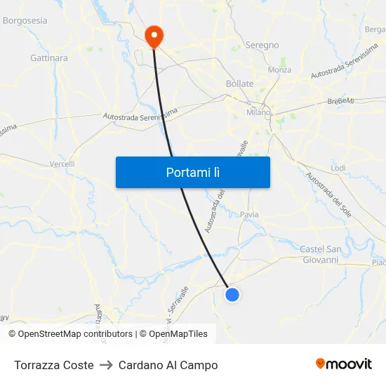 Torrazza Coste to Cardano Al Campo map