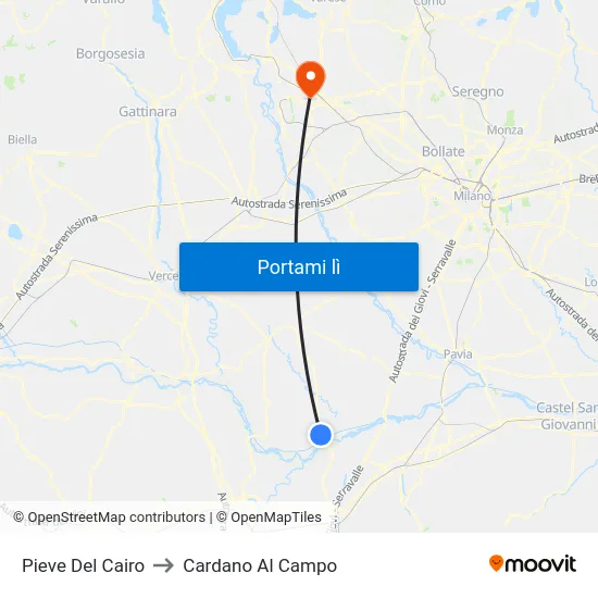 Pieve Del Cairo to Cardano Al Campo map