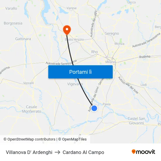 Villanova D' Ardenghi to Cardano Al Campo map