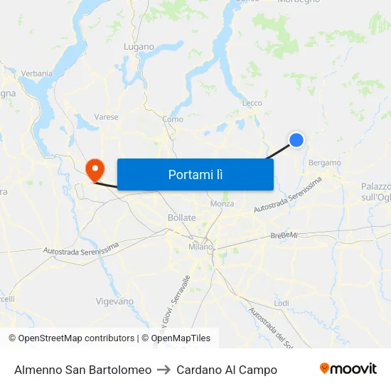 Almenno San Bartolomeo to Cardano Al Campo map