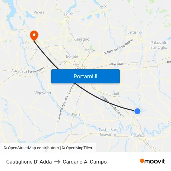 Castiglione D' Adda to Cardano Al Campo map