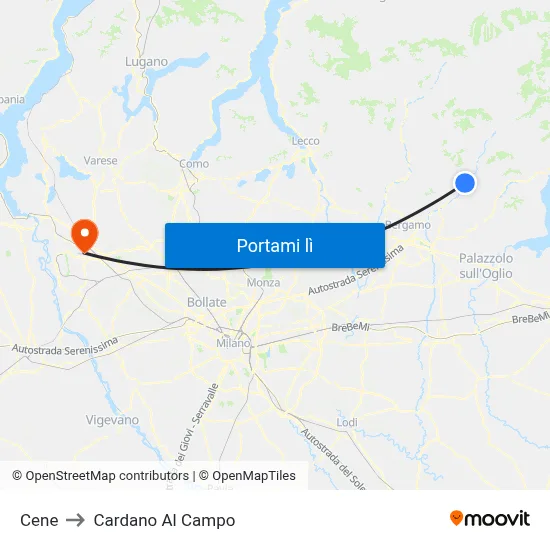 Cene to Cardano Al Campo map