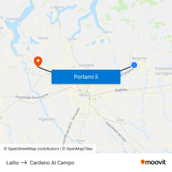 Lallio to Cardano Al Campo map
