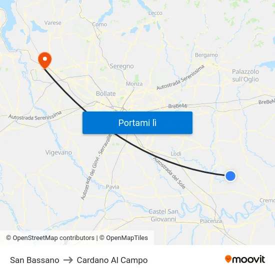 San Bassano to Cardano Al Campo map