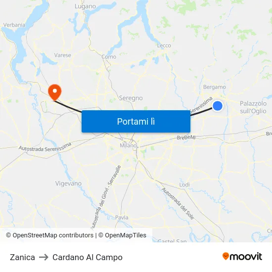 Zanica to Cardano Al Campo map