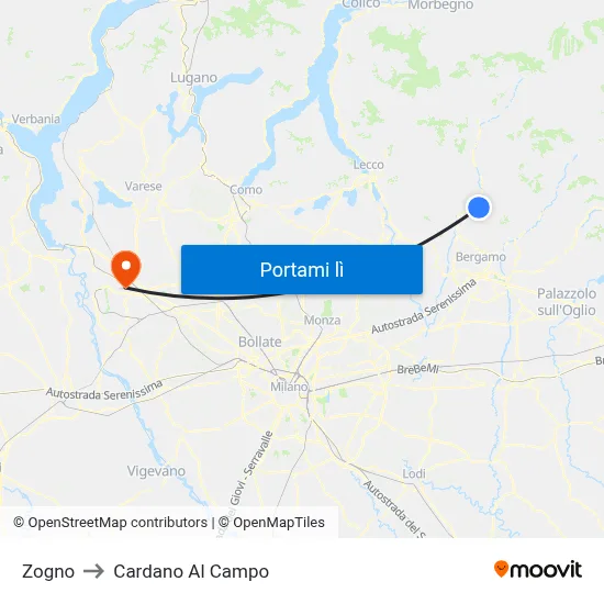 Zogno to Cardano Al Campo map