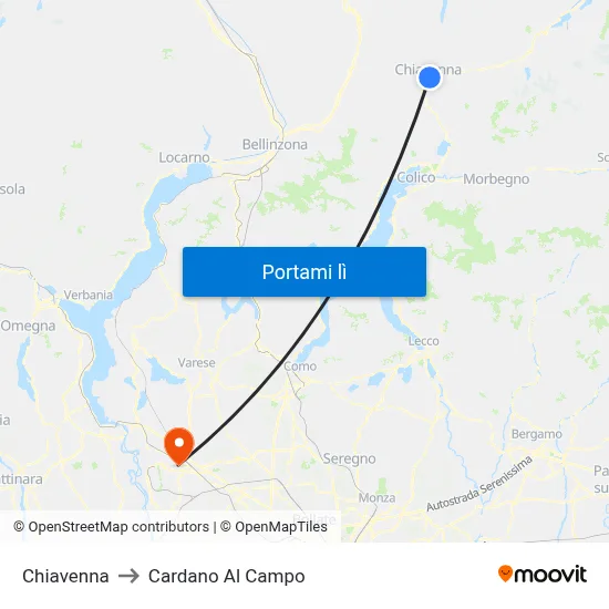 Chiavenna to Cardano Al Campo map