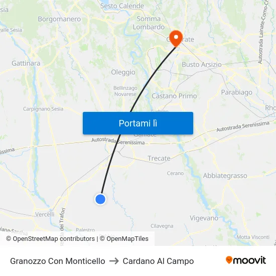Granozzo Con Monticello to Cardano Al Campo map